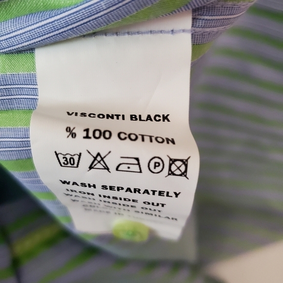 Visconti Black Medium Button up Shirt Green Blue Stripes Long Sleeve Metallic - Picture 9 of 16